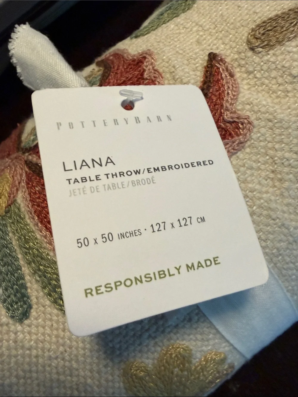 Pottery Barn Liana Crewel Embroidered Cotton/Linen Table Throw NWT 50” x 50”